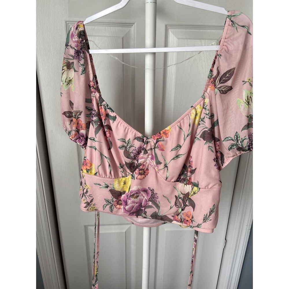 Floral Mesh Crop Top Pink Sweetheart Neck Ruched Puff Sleeve Side Tie Blouse